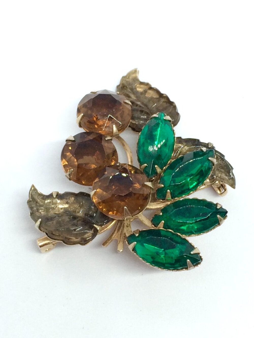 VINTAGE FLOWER BROOCH Glass Amber Green Rhinestones Molded Leaves